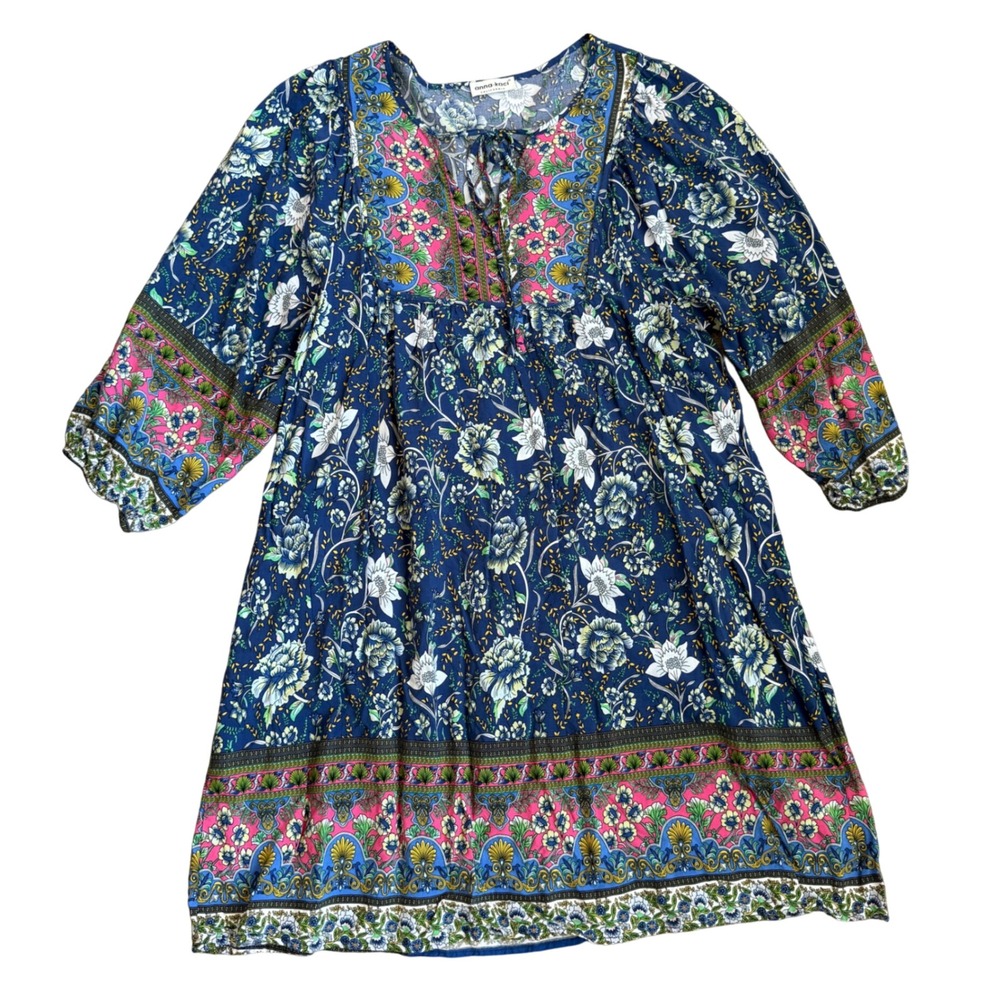Anna-Kaci Blue Floral‎ Paisley Boho Babydoll Mini Dress 3/4 Sleeve Tie Neck
